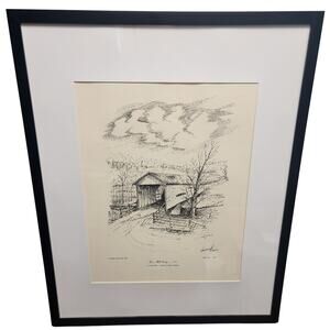 Union Mill Bridge 1914 Signed Lithograph Howard Fain • Framed 16.5x20.75 1970